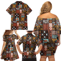 Vintage Hawaiian Quilting Patterns Family Matching Off Shoulder Short Dress and Hawaiian Shirt Brown Style Tribal Fabric Patchwork - Polynesian Pride