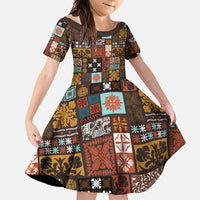 Vintage Hawaiian Quilting Patterns Family Matching Short Sleeve Bodycon Dress and Hawaiian Shirt Brown Style Tribal Fabric Patchwork - Polynesian Pride
