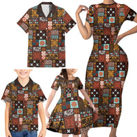 Vintage Hawaiian Quilting Patterns Family Matching Short Sleeve Bodycon Dress and Hawaiian Shirt Brown Style Tribal Fabric Patchwork - Polynesian Pride