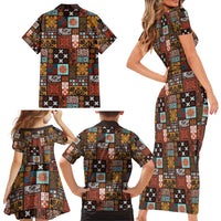Vintage Hawaiian Quilting Patterns Family Matching Short Sleeve Bodycon Dress and Hawaiian Shirt Brown Style Tribal Fabric Patchwork - Polynesian Pride
