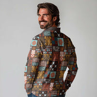 Vintage Hawaiian Quilting Patterns Long Sleeve Polo Shirt Brown Style Tribal Fabric Patchwork - Polynesian Pride