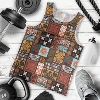 Vintage Hawaiian Quilting Patterns Men Tank Top Brown Style Tribal Fabric Patchwork - Polynesian Pride