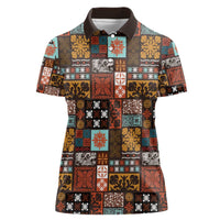 Vintage Hawaiian Quilting Patterns Women Polo Shirt Brown Style Tribal Fabric Patchwork LT9 Female Brown - Polynesian Pride
