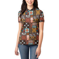 Vintage Hawaiian Quilting Patterns Women Polo Shirt Brown Style Tribal Fabric Patchwork LT9 - Polynesian Pride