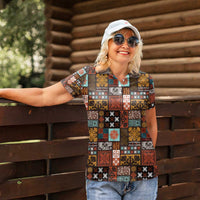 Vintage Hawaiian Quilting Patterns Women Polo Shirt Brown Style Tribal Fabric Patchwork LT9 - Polynesian Pride