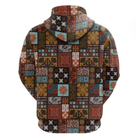 Vintage Hawaiian Quilting Patterns Zip Hoodie Brown Style Tribal Fabric Patchwork - Polynesian Pride