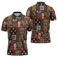 Vintage Hawaiian Quilting Patterns Zipper Polo Shirt Brown Style Tribal Fabric Patchwork - Polynesian Pride