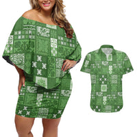 Vintage Hawaiian Quilting Patterns Couples Matching Off Shoulder Short Dress and Hawaiian Shirt Green Style Tribal Fabric Patchwork - Polynesian Pride