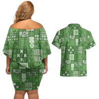 Vintage Hawaiian Quilting Patterns Couples Matching Off Shoulder Short Dress and Hawaiian Shirt Green Style Tribal Fabric Patchwork - Polynesian Pride