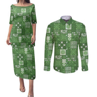 Vintage Hawaiian Quilting Patterns Couples Matching Puletasi and Long Sleeve Button Shirt Green Style Tribal Fabric Patchwork - Polynesian Pride