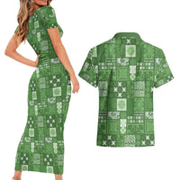 Vintage Hawaiian Quilting Patterns Couples Matching Short Sleeve Bodycon Dress and Hawaiian Shirt Green Style Tribal Fabric Patchwork - Polynesian Pride