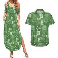 Vintage Hawaiian Quilting Patterns Couples Matching Summer Maxi Dress and Hawaiian Shirt Green Style Tribal Fabric Patchwork - Polynesian Pride