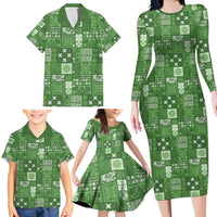 Vintage Hawaiian Quilting Patterns Family Matching Long Sleeve Bodycon Dress and Hawaiian Shirt Green Style Tribal Fabric Patchwork - Polynesian Pride