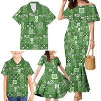 Vintage Hawaiian Quilting Patterns Family Matching Mermaid Dress and Hawaiian Shirt Green Style Tribal Fabric Patchwork - Polynesian Pride