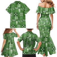 Vintage Hawaiian Quilting Patterns Family Matching Mermaid Dress and Hawaiian Shirt Green Style Tribal Fabric Patchwork - Polynesian Pride