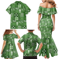 Vintage Hawaiian Quilting Patterns Family Matching Mermaid Dress and Hawaiian Shirt Green Style Tribal Fabric Patchwork - Polynesian Pride