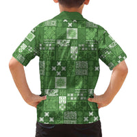 Vintage Hawaiian Quilting Patterns Family Matching Off The Shoulder Long Sleeve Dress and Hawaiian Shirt Green Style Tribal Fabric Patchwork - Polynesian Pride