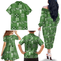 Vintage Hawaiian Quilting Patterns Family Matching Off The Shoulder Long Sleeve Dress and Hawaiian Shirt Green Style Tribal Fabric Patchwork - Polynesian Pride