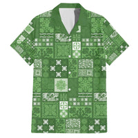 Vintage Hawaiian Quilting Patterns Family Matching Off The Shoulder Long Sleeve Dress and Hawaiian Shirt Green Style Tribal Fabric Patchwork - Polynesian Pride