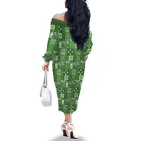 Vintage Hawaiian Quilting Patterns Family Matching Off The Shoulder Long Sleeve Dress and Hawaiian Shirt Green Style Tribal Fabric Patchwork - Polynesian Pride