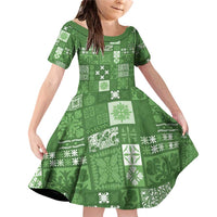Vintage Hawaiian Quilting Patterns Family Matching Off Shoulder Short Dress and Hawaiian Shirt Green Style Tribal Fabric Patchwork - Polynesian Pride