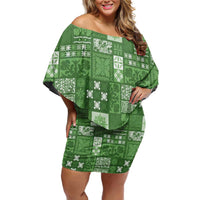 Vintage Hawaiian Quilting Patterns Family Matching Off Shoulder Short Dress and Hawaiian Shirt Green Style Tribal Fabric Patchwork - Polynesian Pride
