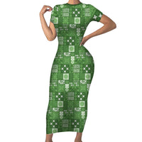 Vintage Hawaiian Quilting Patterns Family Matching Short Sleeve Bodycon Dress and Hawaiian Shirt Green Style Tribal Fabric Patchwork - Polynesian Pride