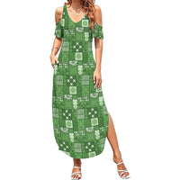 Vintage Hawaiian Quilting Patterns Family Matching Summer Maxi Dress and Hawaiian Shirt Green Style Tribal Fabric Patchwork - Polynesian Pride