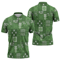 Vintage Hawaiian Quilting Patterns Zipper Polo Shirt Green Style Tribal Fabric Patchwork - Polynesian Pride