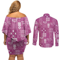 Vintage Hawaiian Quilting Patterns Couples Matching Off Shoulder Short Dress and Long Sleeve Button Shirt Pink Style Tribal Fabric Patchwork - Polynesian Pride