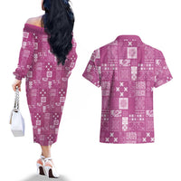 Vintage Hawaiian Quilting Patterns Couples Matching Off The Shoulder Long Sleeve Dress and Hawaiian Shirt Pink Style Tribal Fabric Patchwork - Polynesian Pride