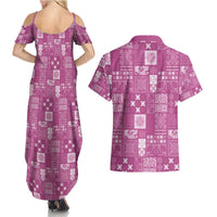 Vintage Hawaiian Quilting Patterns Couples Matching Summer Maxi Dress and Hawaiian Shirt Pink Style Tribal Fabric Patchwork - Polynesian Pride