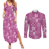 Vintage Hawaiian Quilting Patterns Couples Matching Summer Maxi Dress and Long Sleeve Button Shirt Pink Style Tribal Fabric Patchwork - Polynesian Pride