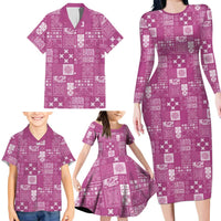 Vintage Hawaiian Quilting Patterns Family Matching Long Sleeve Bodycon Dress and Hawaiian Shirt Pink Style Tribal Fabric Patchwork - Polynesian Pride