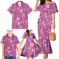 Vintage Hawaiian Quilting Patterns Family Matching Mermaid Dress and Hawaiian Shirt Pink Style Tribal Fabric Patchwork - Polynesian Pride