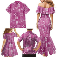 Vintage Hawaiian Quilting Patterns Family Matching Mermaid Dress and Hawaiian Shirt Pink Style Tribal Fabric Patchwork - Polynesian Pride