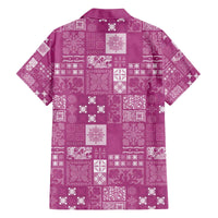 Vintage Hawaiian Quilting Patterns Family Matching Off The Shoulder Long Sleeve Dress and Hawaiian Shirt Pink Style Tribal Fabric Patchwork - Polynesian Pride