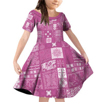 Vintage Hawaiian Quilting Patterns Family Matching Off Shoulder Short Dress and Hawaiian Shirt Pink Style Tribal Fabric Patchwork - Polynesian Pride