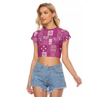 Vintage Hawaiian Quilting Patterns Raglan Cropped T Shirt Pink Style Tribal Fabric Patchwork - Polynesian Pride