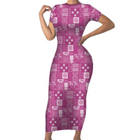 Vintage Hawaiian Quilting Patterns Short Sleeve Bodycon Dress Pink Style Tribal Fabric Patchwork LT9 Long Dress Pink - Polynesian Pride