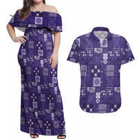 Vintage Hawaiian Quilting Patterns Couples Matching Off Shoulder Maxi Dress and Hawaiian Shirt Purple Style Tribal Fabric Patchwork - Polynesian Pride