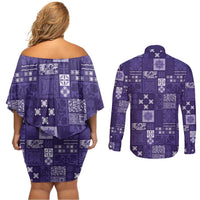 Vintage Hawaiian Quilting Patterns Couples Matching Off Shoulder Short Dress and Long Sleeve Button Shirt Purple Style Tribal Fabric Patchwork - Polynesian Pride