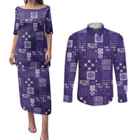 Vintage Hawaiian Quilting Patterns Couples Matching Puletasi and Long Sleeve Button Shirt Purple Style Tribal Fabric Patchwork - Polynesian Pride