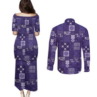 Vintage Hawaiian Quilting Patterns Couples Matching Puletasi and Long Sleeve Button Shirt Purple Style Tribal Fabric Patchwork - Polynesian Pride