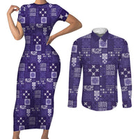 Vintage Hawaiian Quilting Patterns Couples Matching Short Sleeve Bodycon Dress and Long Sleeve Button Shirt Purple Style Tribal Fabric Patchwork - Polynesian Pride