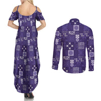 Vintage Hawaiian Quilting Patterns Couples Matching Summer Maxi Dress and Long Sleeve Button Shirt Purple Style Tribal Fabric Patchwork - Polynesian Pride