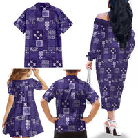 Vintage Hawaiian Quilting Patterns Family Matching Off The Shoulder Long Sleeve Dress and Hawaiian Shirt Purple Style Tribal Fabric Patchwork - Polynesian Pride
