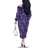 Vintage Hawaiian Quilting Patterns Family Matching Off The Shoulder Long Sleeve Dress and Hawaiian Shirt Purple Style Tribal Fabric Patchwork - Polynesian Pride