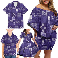 Vintage Hawaiian Quilting Patterns Family Matching Off Shoulder Short Dress and Hawaiian Shirt Purple Style Tribal Fabric Patchwork - Polynesian Pride