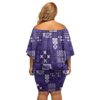 Vintage Hawaiian Quilting Patterns Family Matching Off Shoulder Short Dress and Hawaiian Shirt Purple Style Tribal Fabric Patchwork - Polynesian Pride